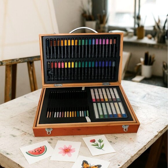 Gallery Wooden Art Supply Box Set 129 Pieces Paints Brushes Pastels Pencils - Ga - Picture 1 of 16